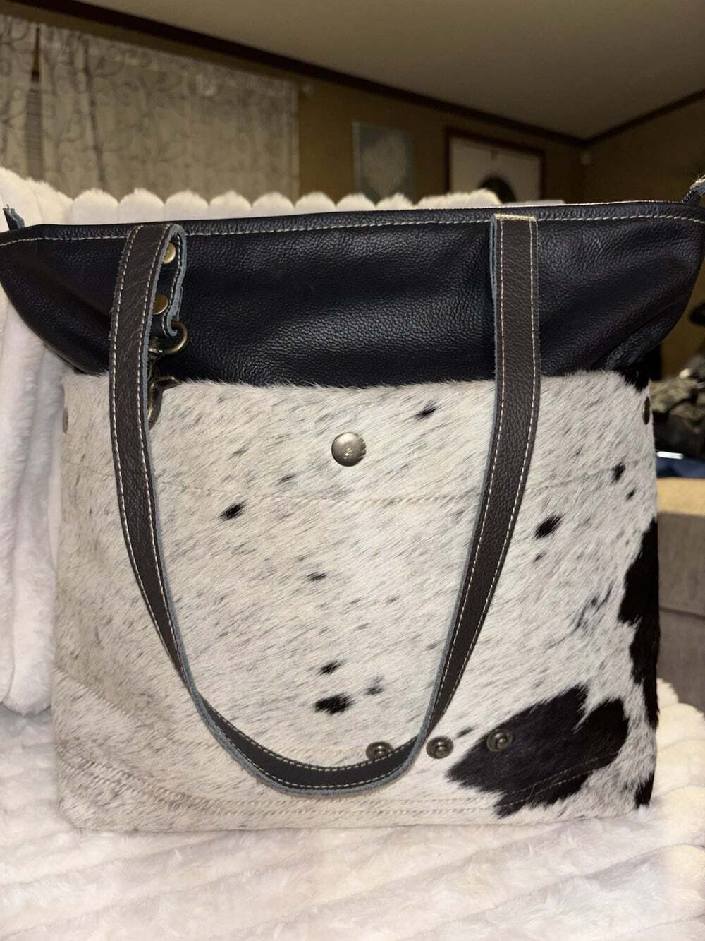 Myra Bag One-of-a-Kind Cowhide & Black And White Big Leather Tote Bag (14 x 17")